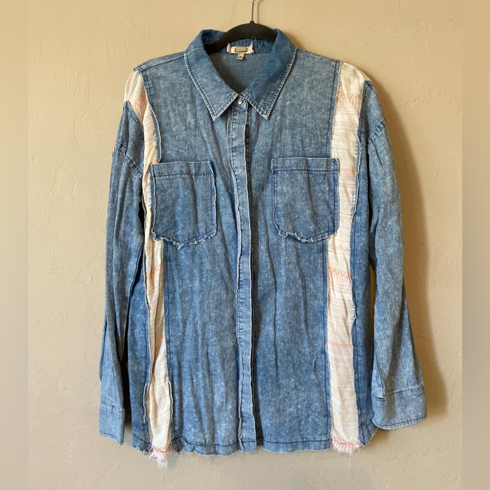 Gimmicks Boho Pieced Chambray Blue Button Down Sh… - image 4